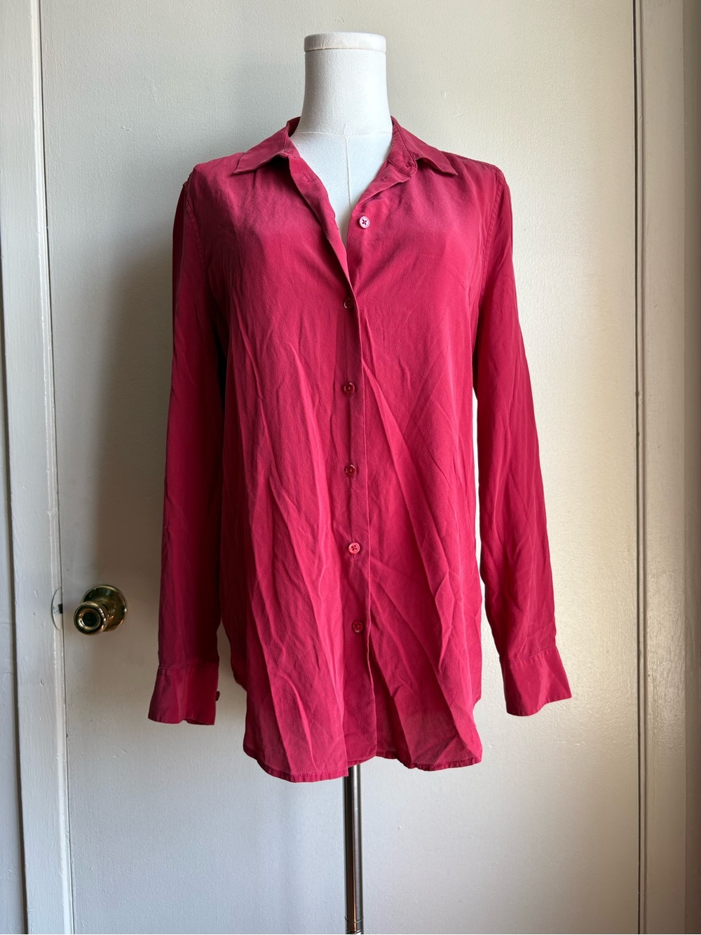equipment red silk button front long sleeve